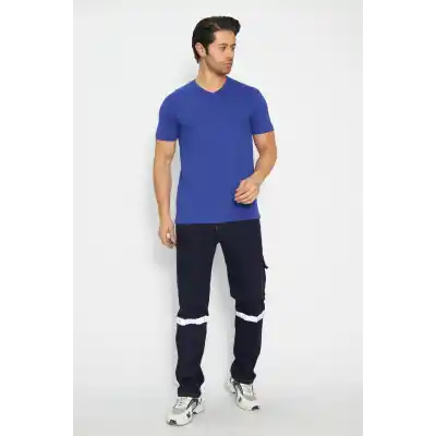 T-shirt V Yaka Kısakol %100 Pamuk Cepli Sax Mavi