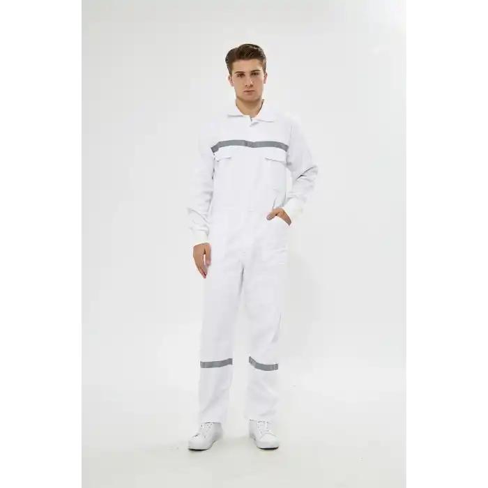 Mervem Beyaz Reflektörlü Pamuk İş Tulumu