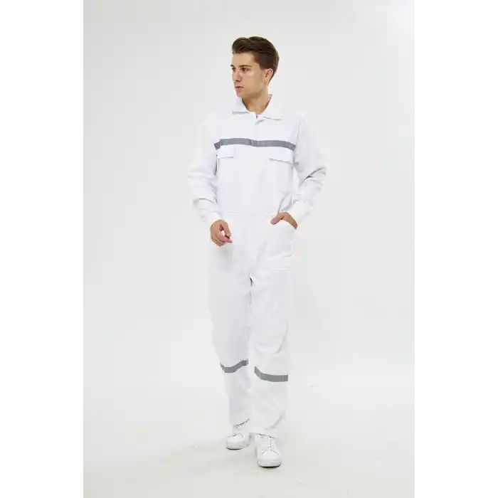 Mervem Beyaz Reflektörlü Pamuk İş Tulumu