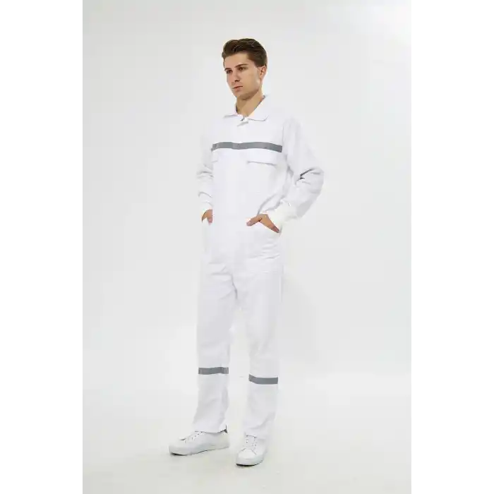 Mervem Beyaz Reflektörlü Pamuk İş Tulumu