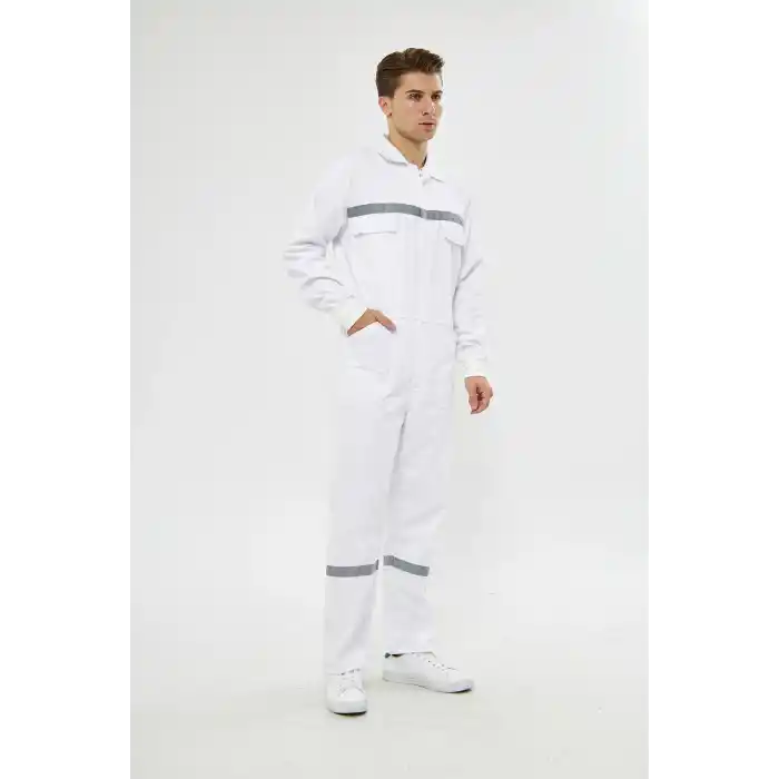 Mervem Beyaz Reflektörlü Pamuk İş Tulumu