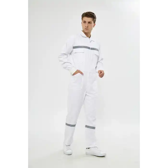 Mervem Beyaz Reflektörlü Pamuk İş Tulumu