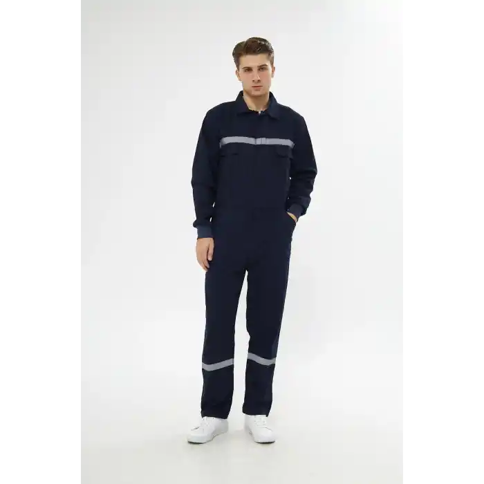 Orange Safety Bütün İş Tulumu %100 Pamuk Reflektörlü Lacivert