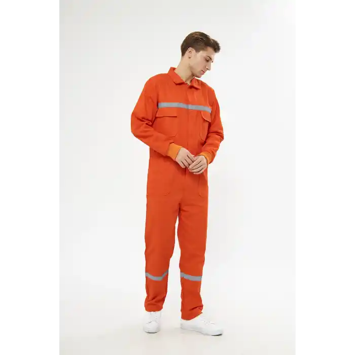 Orange Safety Bütün İş Tulumu Turuncu 16/12 Gabardin %100 Pamuk Reflektörlü