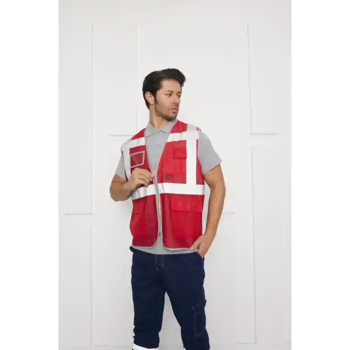 Orange Safety Kırmızı Fileli Mühendis Tipi İkaz Yeleği