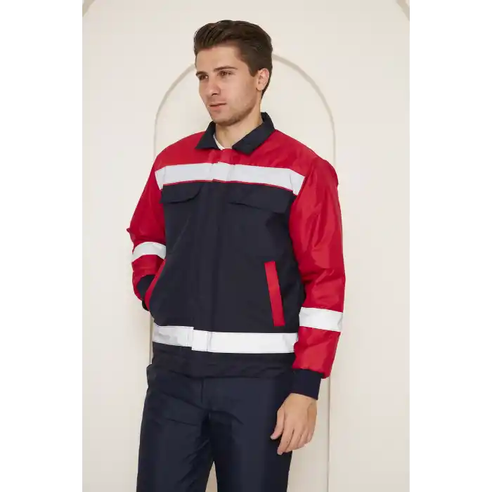 Orange Safety Kırmızı Robalı Lacivert Soğuk Hava Mont Pantolon Takımı Su Ve Rüzgar İticili