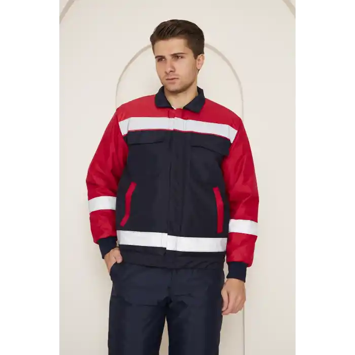 Orange Safety Kırmızı Robalı Lacivert Soğuk Hava Mont Pantolon Takımı Su Ve Rüzgar İticili