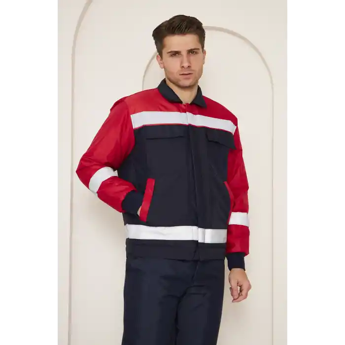 Orange Safety Kırmızı Robalı Lacivert Soğuk Hava Montu Su Ve Rüzgar İticili