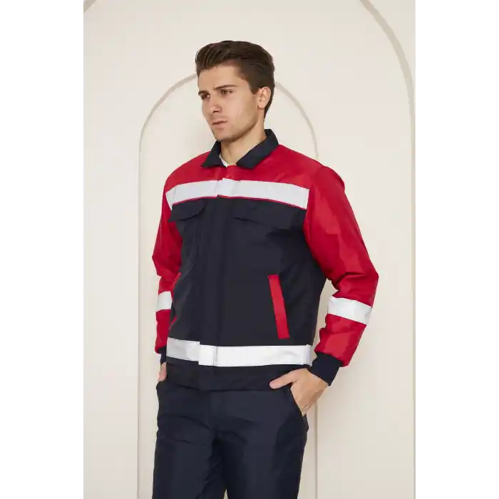 Orange Safety Kırmızı Robalı Lacivert Soğuk Hava Montu Su Ve Rüzgar İticili