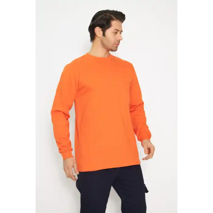 Orange Safety Sweat T-shırt Bisiklet Yaka Kışlık Uzun Kol Turuncu