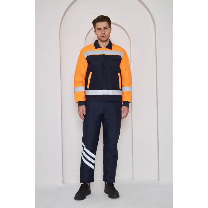 Orange Safety Turuncu Robalı Lacivert Soğuk Hava Mont Pantolon Takımı Su Ve Rüzgar İticili