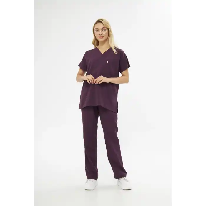 Orange Safety V Yaka Treecotton Mürdüm Rengi Hemşire Takım