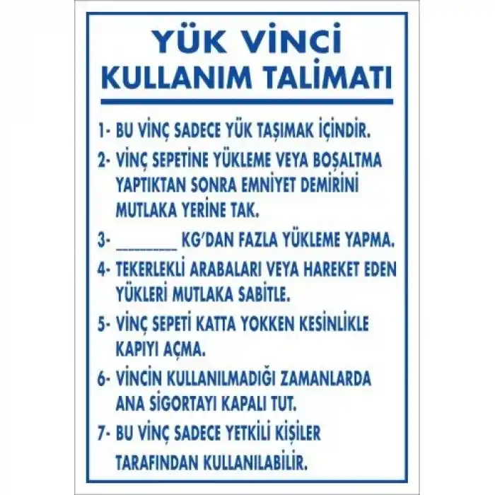 Pvc Levha Yük Vinci Kullanım Talimatı 35*50-50*70-70*100 cm
