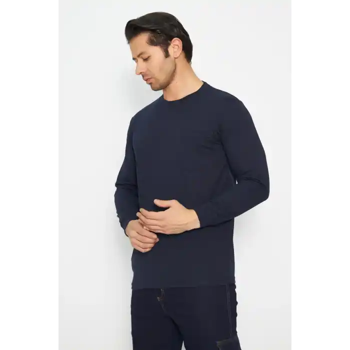 Sweat T-shırt Bisiklet Yaka Kışlık Uzun Kol Lacivert