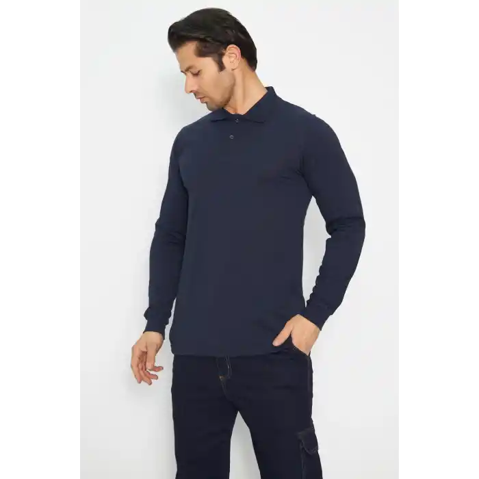 Sweat t-shırt Polo Yaka Kışlık Uzun Kol Gri