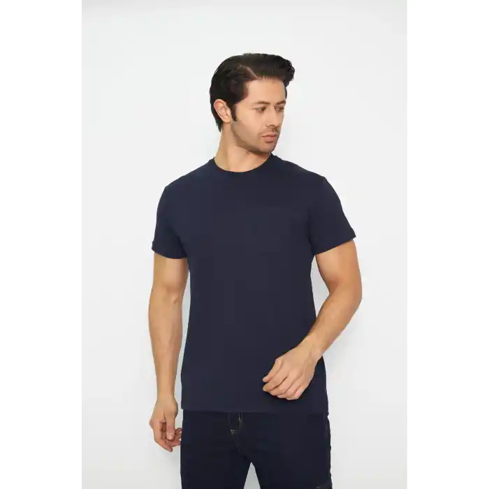 T-shirt Bisiklet Yaka Kısakol %100 Pamuk Cepli Lacivert