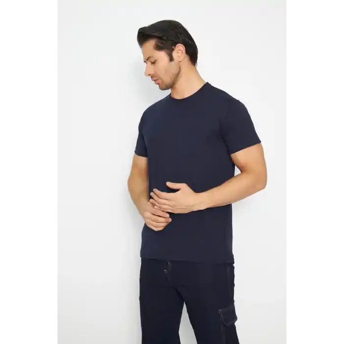 T-shirt Bisiklet Yaka Kısakol %100 Pamuk Cepli Lacivert
