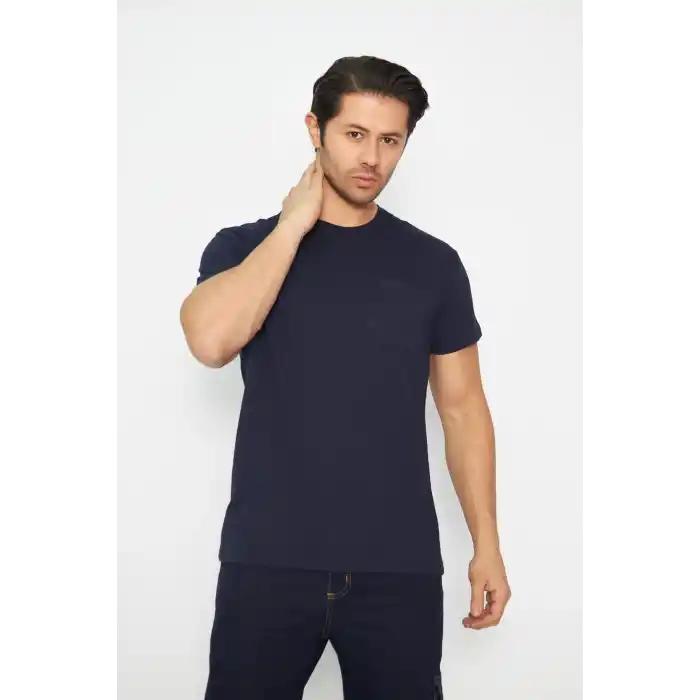 T-shirt Bisiklet Yaka Kısakol %100 Pamuk Cepli Lacivert