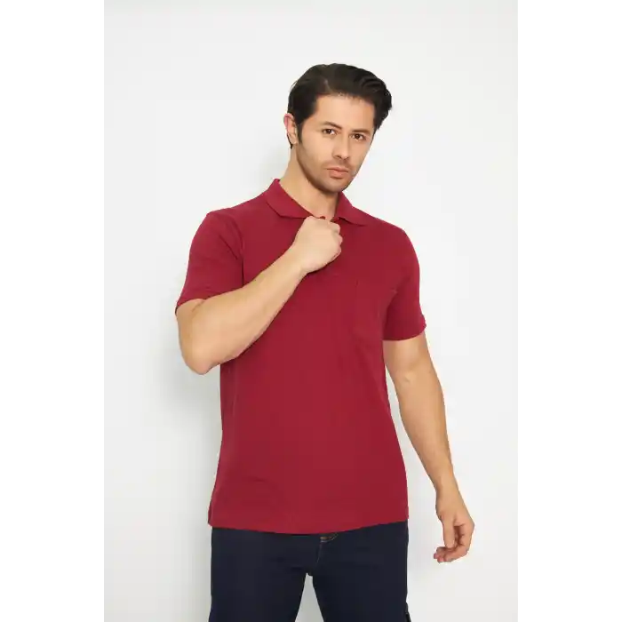 T-shirt Polo Yaka Kısakol %100 Pamuk Cepli Kırmızı