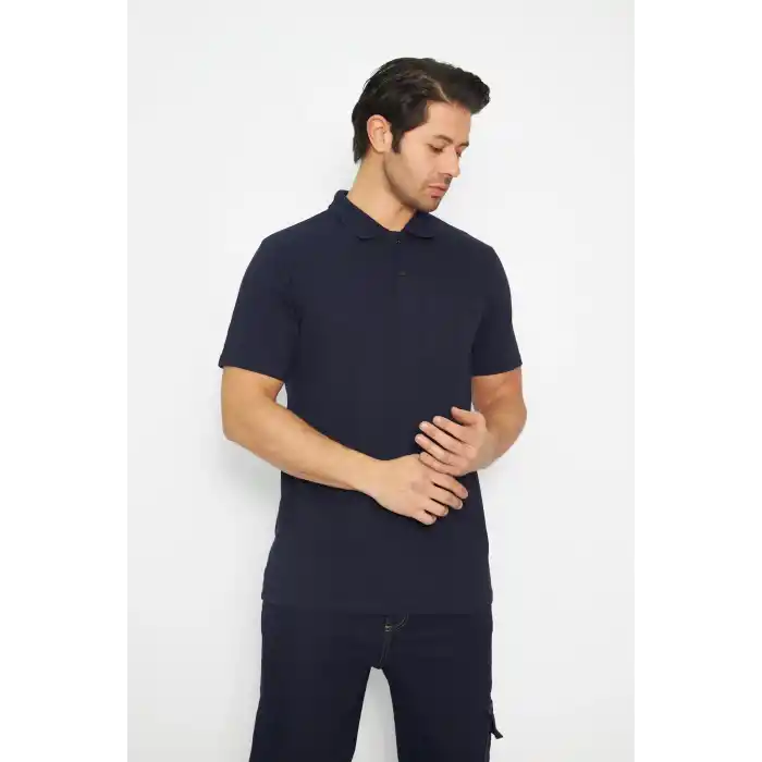 T-shirt Polo Yaka Kısakol %100 Pamuk Cepli Lacivert