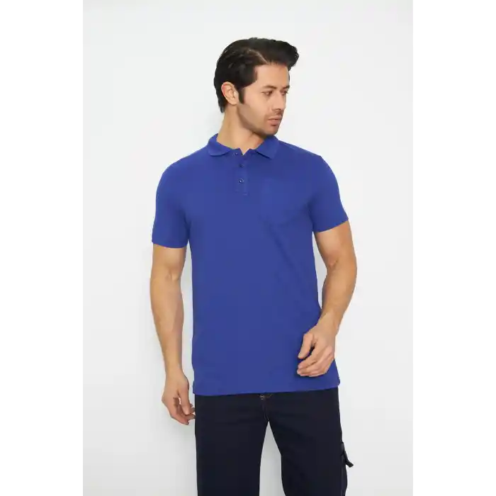 T-shirt Polo Yaka Kısakol %100 Pamuk Cepli Sax Mavi