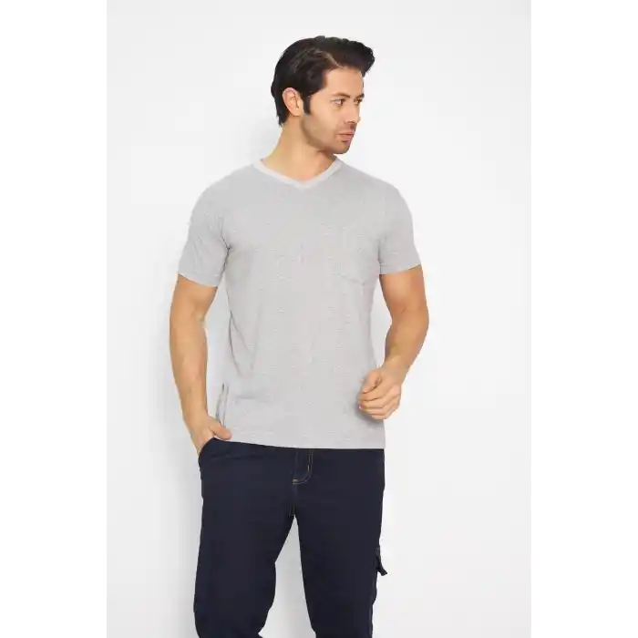 T-shirt V Yaka Kısakol %100 Pamuk Cepli Gri