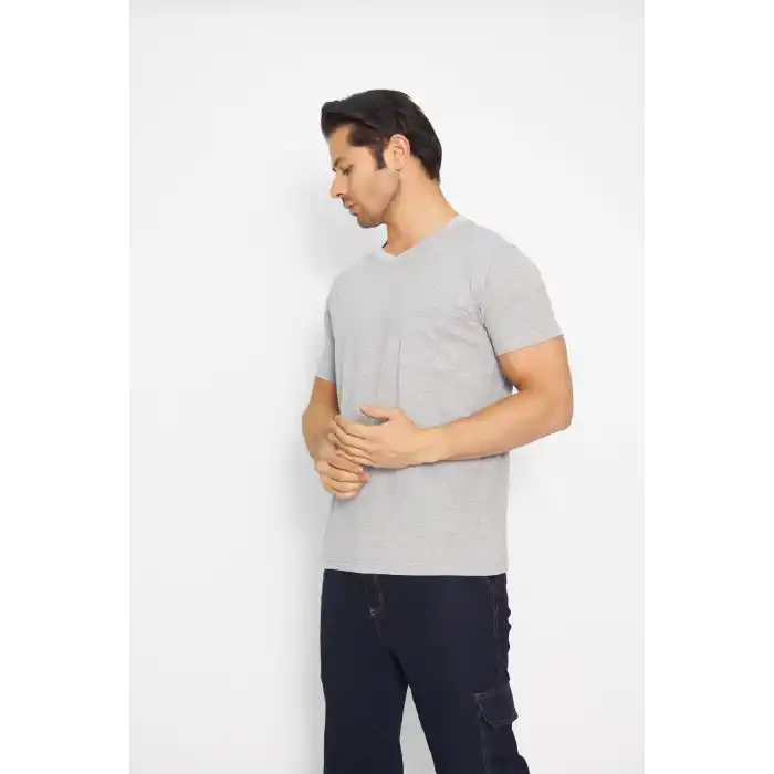T-shirt V Yaka Kısakol %100 Pamuk Cepli Gri