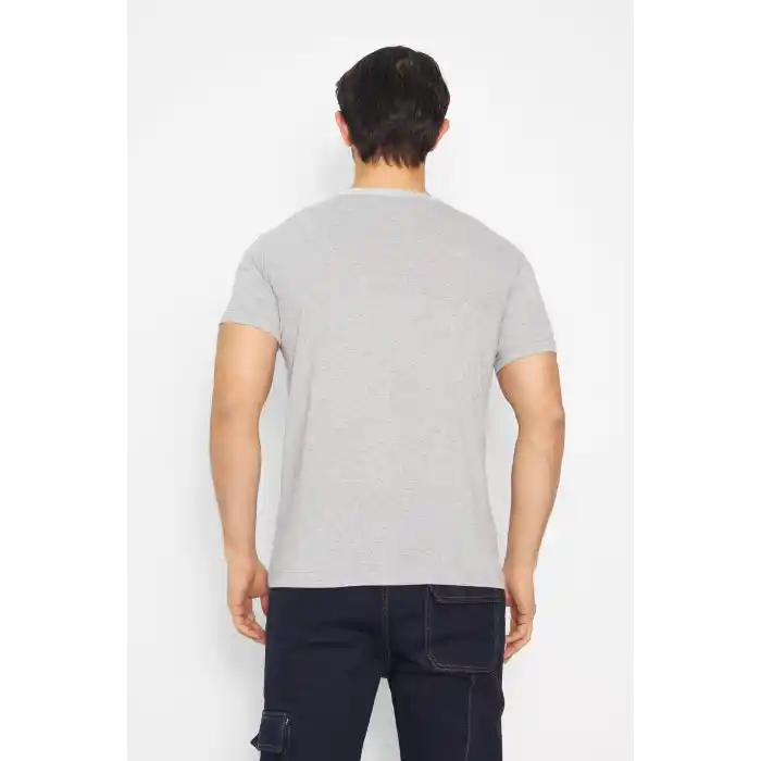 T-shirt V Yaka Kısakol %100 Pamuk Cepli Gri