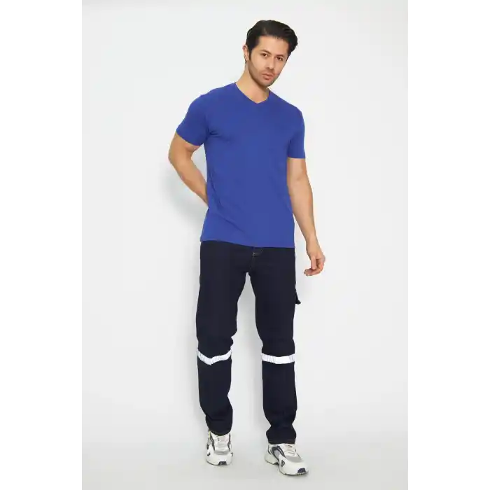 T-shirt V Yaka Kısakol %100 Pamuk Cepli Sax Mavi