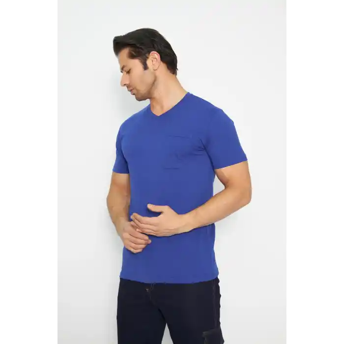 T-shirt V Yaka Kısakol %100 Pamuk Cepli Sax Mavi