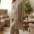 Bone 6201 Kadın Jakar Saten Sabahlıklı Lohusa Pijama Takımı