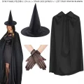 BUĞZ 120 Cm Siyah Yakalı Cadı Pelerini Cadı Şapkası Ve 1 Çift Siyah Kısa File Tüm Eldiven Seti 3 Parça
