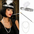 BUĞZ 1920'ler Gatsby Gümüş Parti Seti - Çarliston Saç Bandı, İnci Kolye ve Sigara Tutacağı