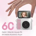 BUĞZ 2k Mini Dijital Retro Video Kamera Flaşlı Dijital Vlog Mini Fotoğraf Makinesi Türkçe Menü Bej