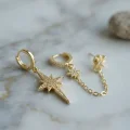BUĞZ 3 lü Set Küpe Gold Renk Zincir Detaylı