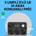  3 USB Çıkışlı 4’lü Akıllı Priz 2500W 2 Metre Kablo