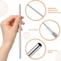 BUĞZ 31 cm Ekstra Uzun Paslanmaz Çelik Pipet Seti – 3 Parça (Eğri + Düz + Fırça)