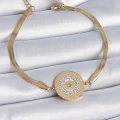 BUĞZ 316L Çelik Gold Renk İtalyan Zincir Zirkon Taşlı Göz İşlemeli Madalyon Model Kadın Bileklik