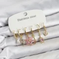 BUĞZ 316L Çelik Gold Renk Pembe Zirkon Taşlı Lotus Detaylı Kadın Küpe Seti