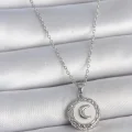 BUĞZ 316L Çelik Gümüş Renk Zincir Beyaz Mineli Hilal İşlemeli Madalyon Model Kadın Kolye