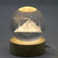 BUĞZ 3d Kristal Cam Küre Ahşap Soketli İstanbul Temalı Led Lamba Alk2573