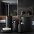  5 Parça Siyah Çizgili Yuvarlak 5li Eco Banyo Seti Çöp Kovası Tuvalet Fırçası Sabunluk Diş Fırçalık