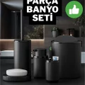  5 Parça Siyah Çizgili Yuvarlak 5li Eco Banyo Seti Çöp Kovası Tuvalet Fırçası Sabunluk Diş Fırçalık