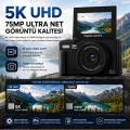 BUĞZ 5k 75mp 18x Zoom Flaşlı 3” Flip Ekranlı Türkçe 32gb Kart Dijital Vlog Fotoğraf Makinesi Lens Hediyeli
