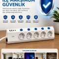 BUĞZ 5’li Akım Korumalı Çoklu Priz 2 Metre Kablolu 3680w 16a 5 Anahtarlı 2usb-a 2 Usb-c Pd 20w Hızlı Ftr-28