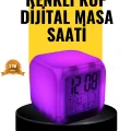BUĞZ 7 Renk LED Işıklı Alarmlı Dijital Küp Masa Saati Termometreli