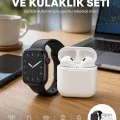 BUĞZ Akıllı Saat Gümüş Kasa Bluetooth Kulaklık Hediyeli Çok Fonksiyonlu İkili Set