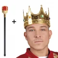 BUĞZ Altın Renk 60 Cm Kral Tacı Kraliyet Tacı Ve Kırmızı Topuzlu Kral Asası Seti