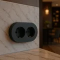 BUĞZ Antrasit Renk İkili Topraklı Priz – Modern Sıva Üstü Duvar Prizi, Lüks Dekoratif Elektrik Priz Çift Girişli