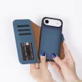 BUĞZ Apple iPhone 17 Air için, Hakiki Deri, El Yapımı Cüzdanlı Kılıf, Magsafe ile uyumlu, İç Yüzeyi Kadife, Gölgeli Mavi